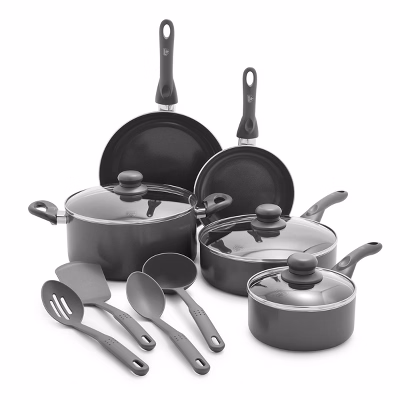 Greenlife Essentials 12pc Ceramic Nonstick Aluminum Cookware Set Charcoal Gray: Induction Compatible, Dishwasher-safe