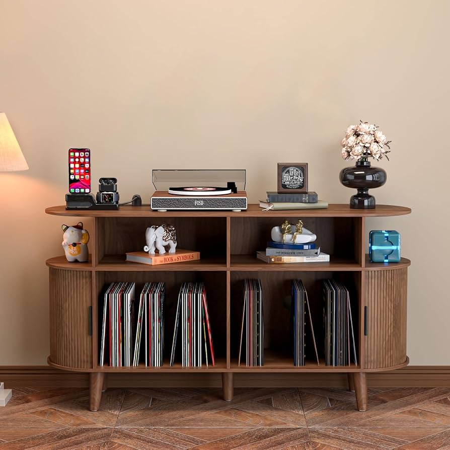  Record Player Stand With Charging Station & Usb Ports，record Storage Cabinet