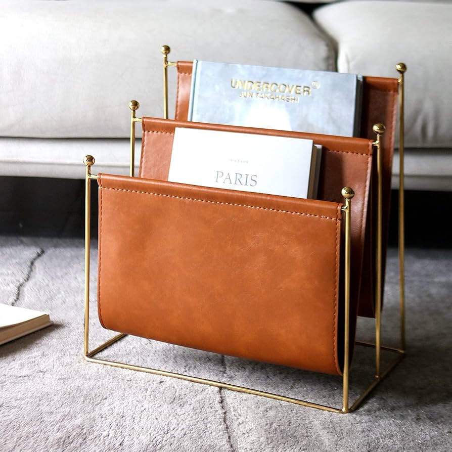 Lesermoorer Plated Metal Wire And Leatherette Magazine Holder Rack