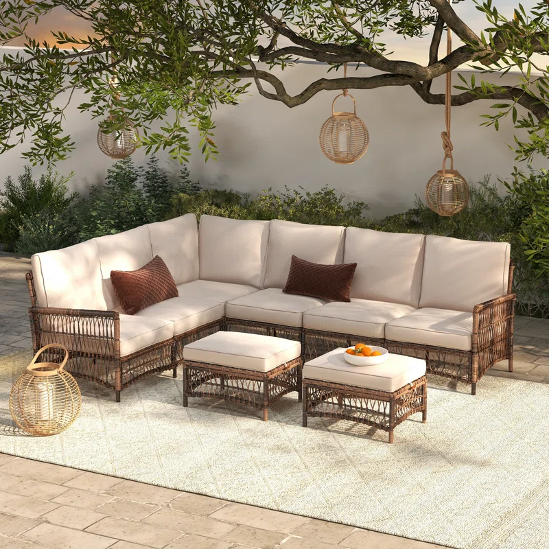Ebern Designs Direnzo 98 Wide Outdoor 6 Person Outdoor Wicker L Shaped Patio Sectional With Cushions