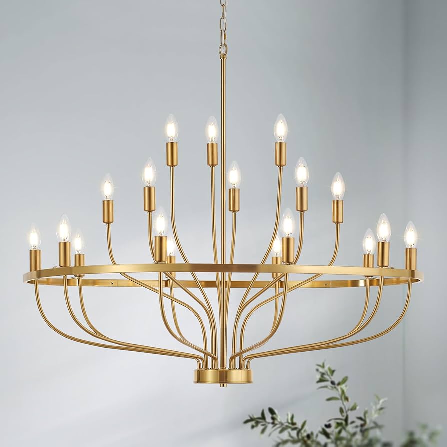 Widluth Modern 39.4“ Gold Chandelier Vintage 18-lights Mid Century Modern Candle Style Chandelier Light Fixture Large Rustic Golden Chandelier For Dining Room