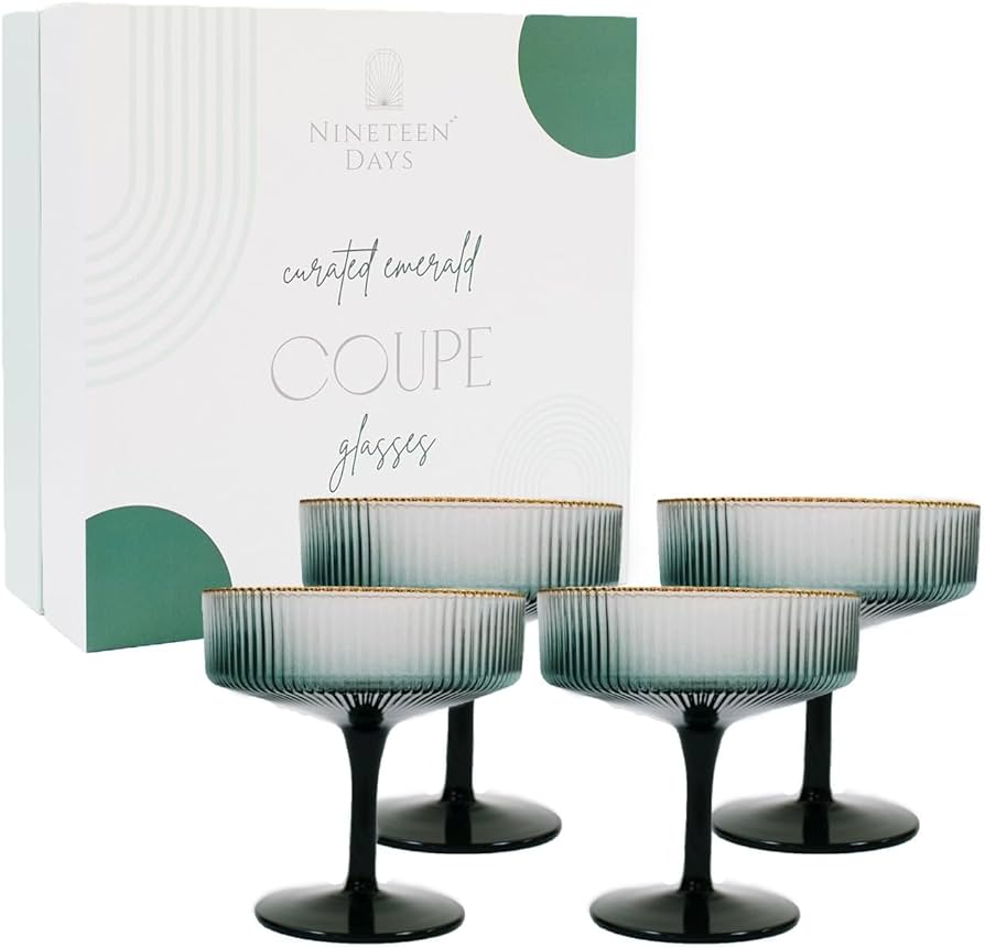 Nineteen Days Green Coupe Glasses Set Of 4 Glasses With Gold Rim (8 Oz) Art Deco Coupe Glasses