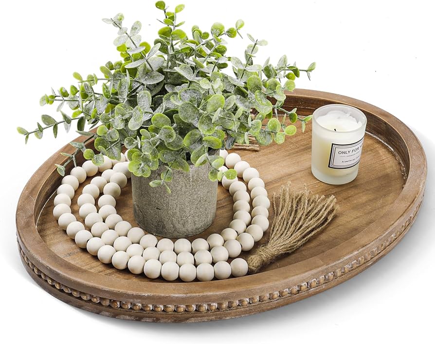 Oval Tray For Coffee Table - 16×11.8in Decorative Trays For Home Decor/w 58in Wood Bead Garland