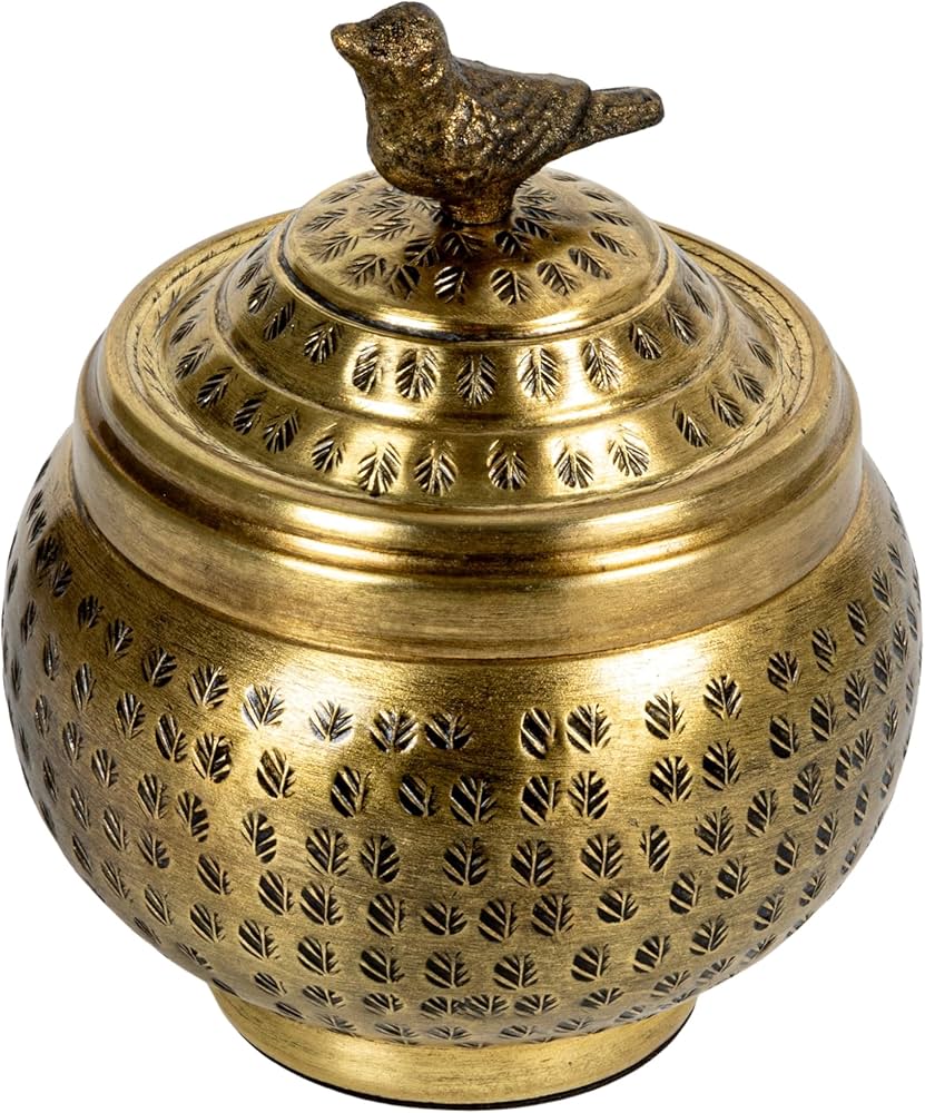Creative Co-op Round Hammered Metal Container With Bird Finial