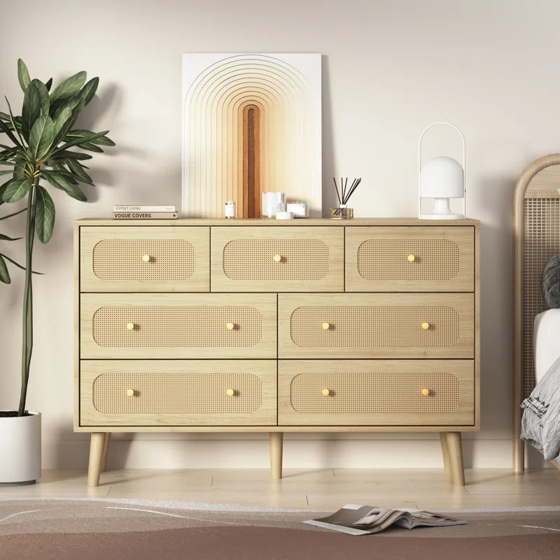 Bay Isle Home Rattan Dresser With 7 Drawers Chest Of Drawers Wood Storage Cabinet For Bedroom Living Room