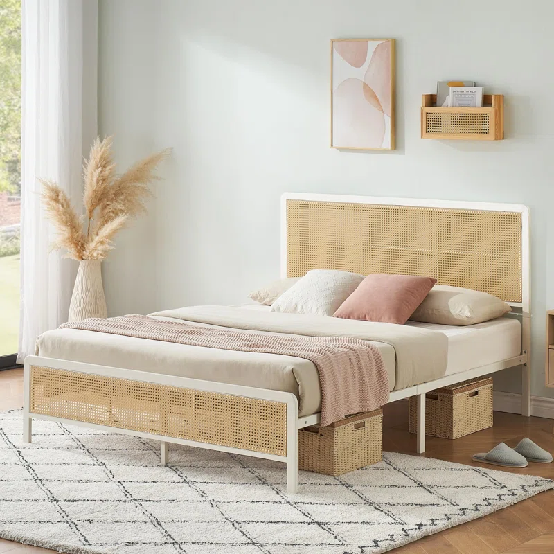 Bay Isle Home Bundeena Rattan Platform Bed Frame With Led Light Headboard With Sturdy Steel Slat Support No Box Spring Needed