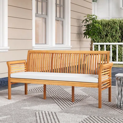 Millwood Pines 3 Person Outdoor Bench 625 Acacia Wood Patio Sofa With Curved Armrests And Removable Seat Cushion