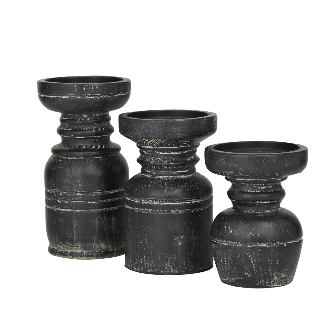 Wood Pillar Brown Decorative Candle Holder with White Wash Finish Set