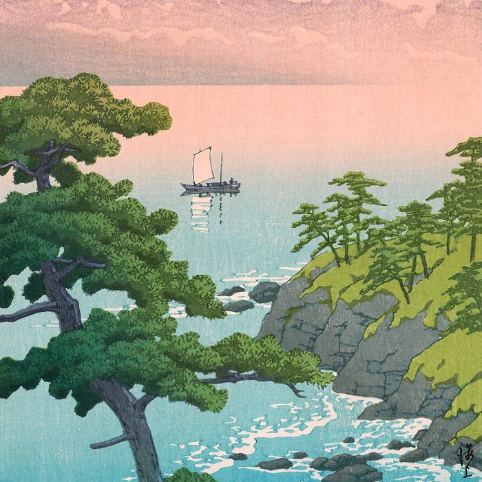 Hasui Kawase, Red Clouds Over The Sea - Vintage Japanese Woodblock Print Art Serving Tray By Vintagejapaneseart | Society6