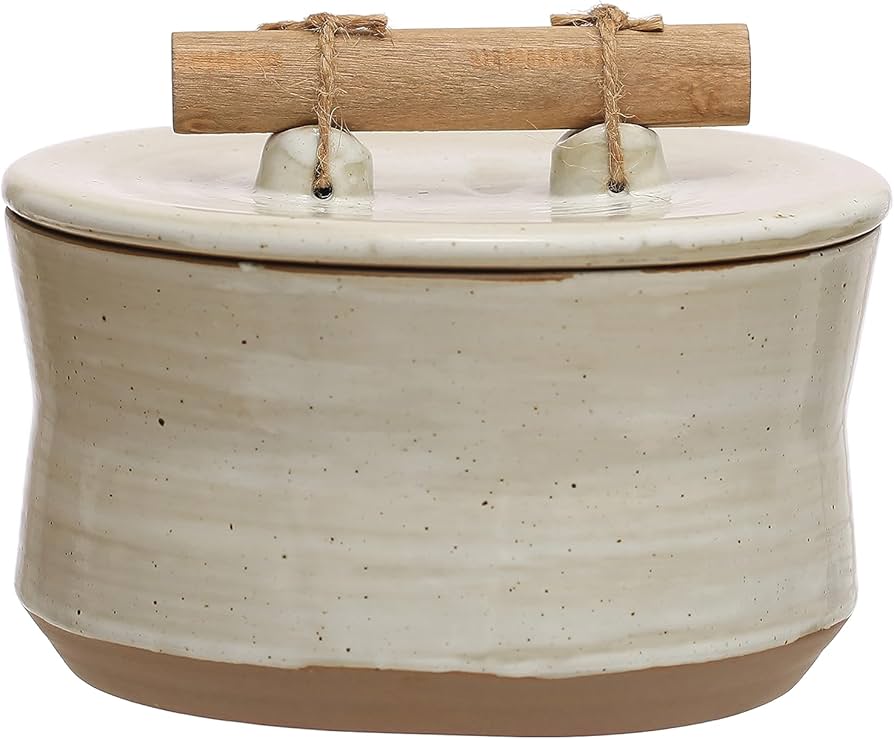 Bloomingville 6.75 Round Stoneware Lid And Pine Wood And Jute Handle In Reactive Glaze