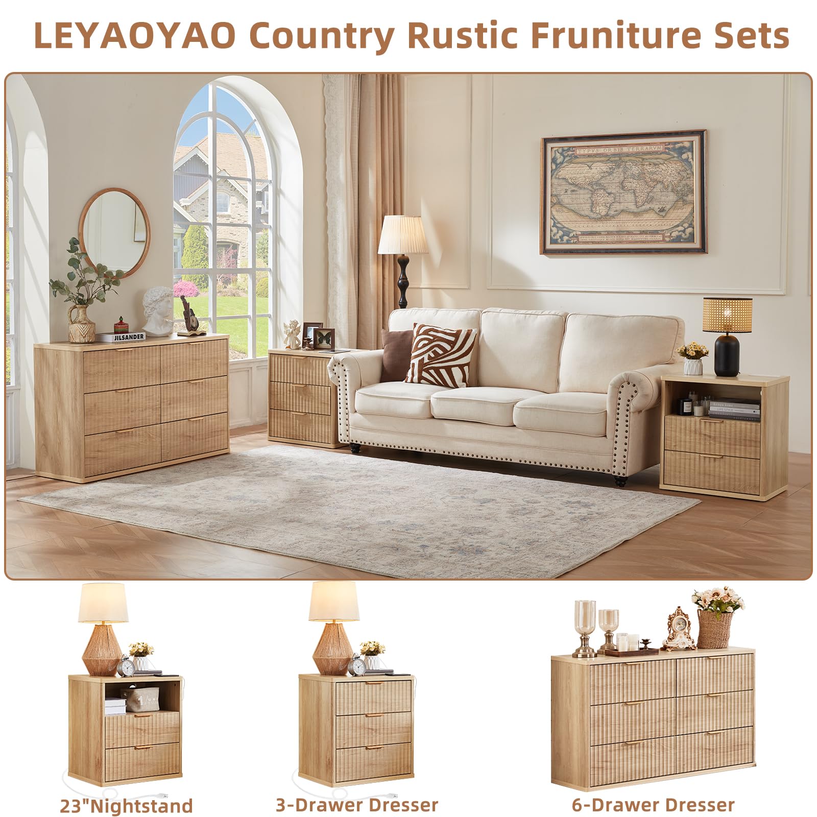 Leyaoyao 23" Wide Fluted Farmhouse Night Stand Set Of 2 With Charging Station