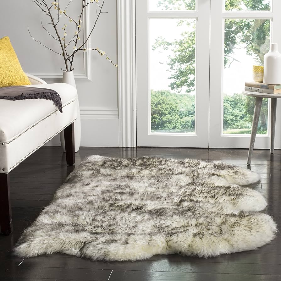Safavieh Sheep Skin Collection 3' X 5' Ivory / Smoke Grey Shs121e Handmade Rustic Glam Genuine Pelt 3.4-inch Extra Thick Area Rug : Home & Kitchen