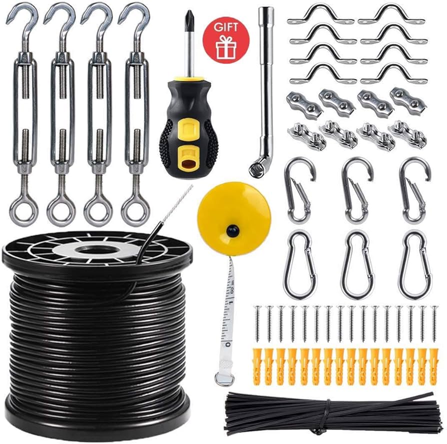 Newleray String Light Hanging Kit With 164 Ft Nylon Coated Stainless Steel 304 Wire Rope Suspension Kit Included Enough Accessories