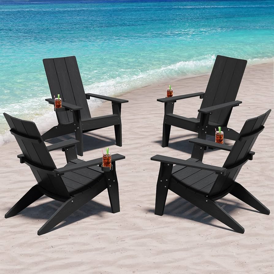 Mximu Modern Adirondack Chairs Set Of 6 Weather Resistant With Cup Holder Oversize Plastic Fire Pit Chairs Plastic Outdoor Chairs For Firepit Area Seating (black) : Patio