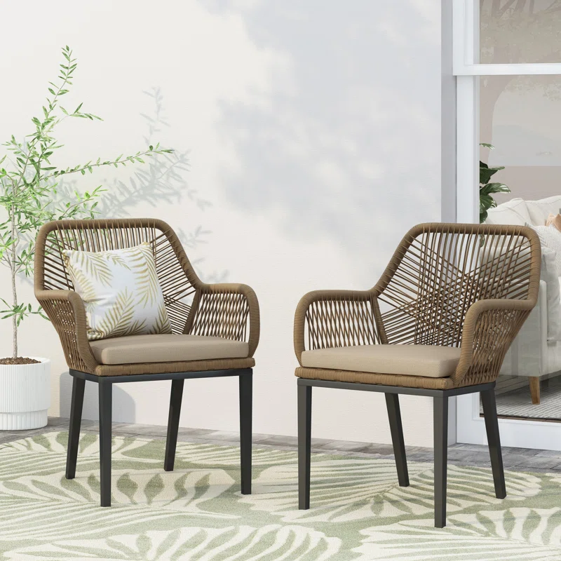 Faygrove Wicker Outdoor Dining Armchair with Cushion (Set of 2)