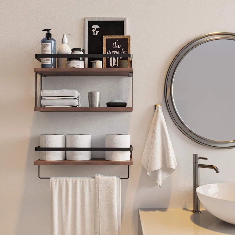 17 Stories Purefoy 21 Tier Wall Mounted Floating Shelves Set Of 2 Rustic Wood Wall Shelf With Metal Frame Extra Storage Rack For Bathroom Kitchen Bedroom With Tissue Rack Towel Bar Rustic Brown