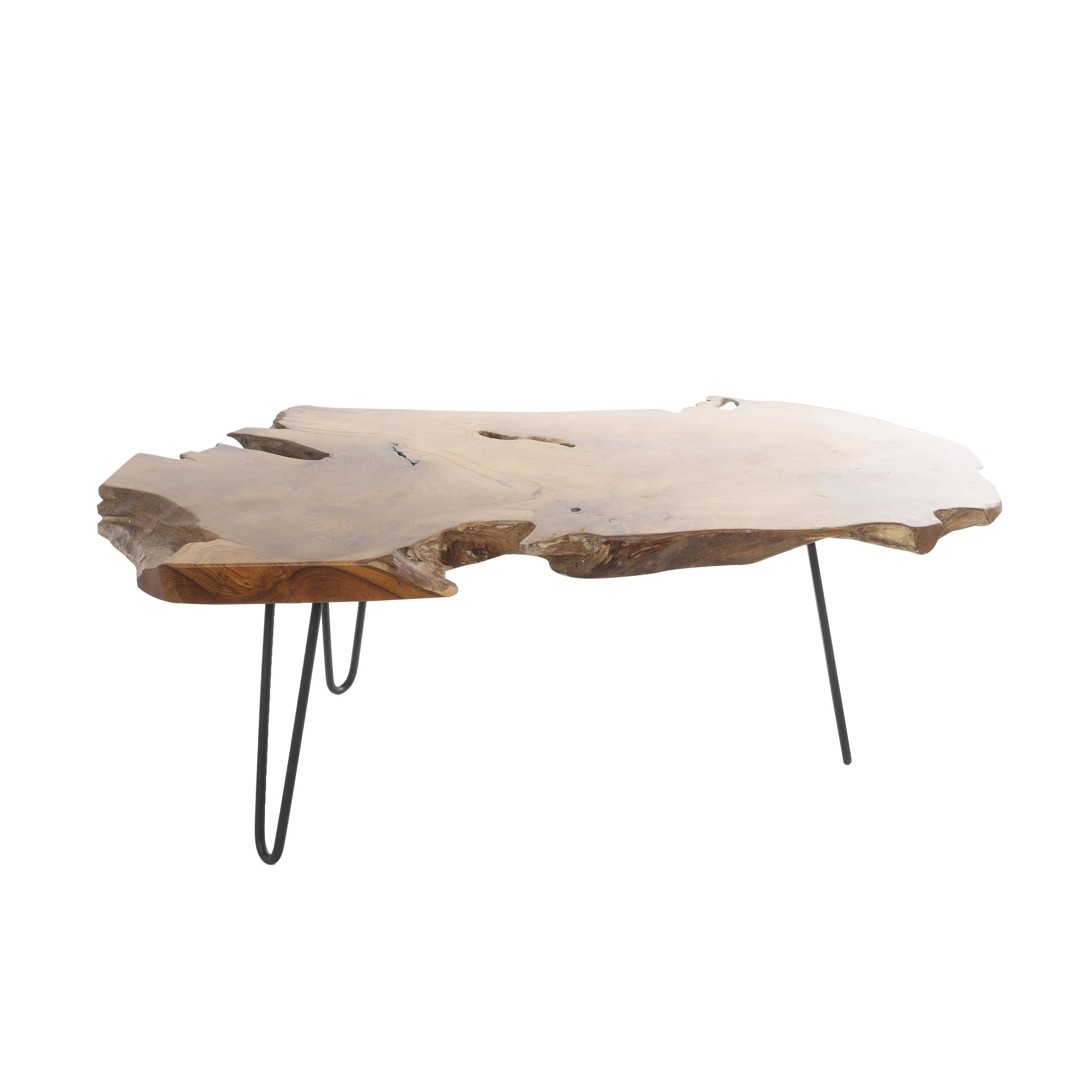 Wade Logan Ashyria Teak Wood Handmade Live Edge Living Room Coffee Table With Black Metal Hairpin Legs