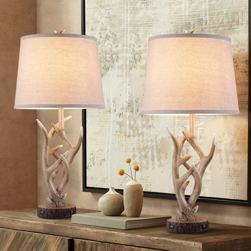 Loon Peak 26 Rustic Farmhouse Resin Antler Table Lamp With Usb Ports