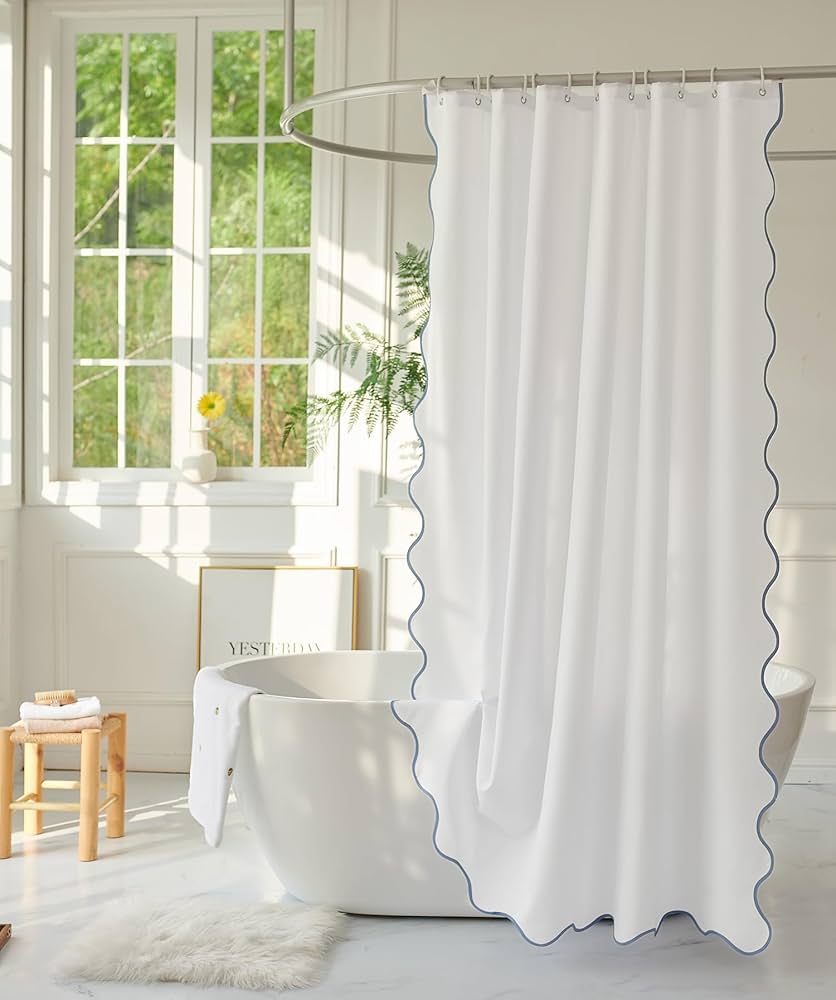 Youngseahome White Fabric With Red Scalloped Border Shower Curtain