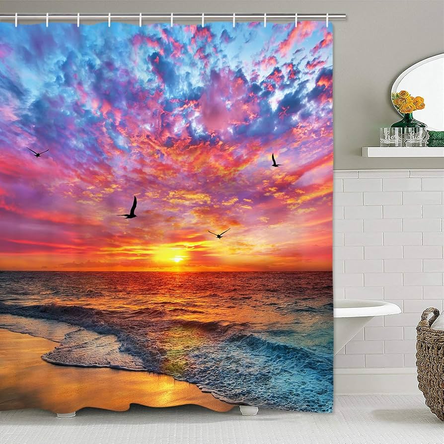 Alishomtll Beach Shower Curtain - Seagull Seaside Design With 12 Hooks