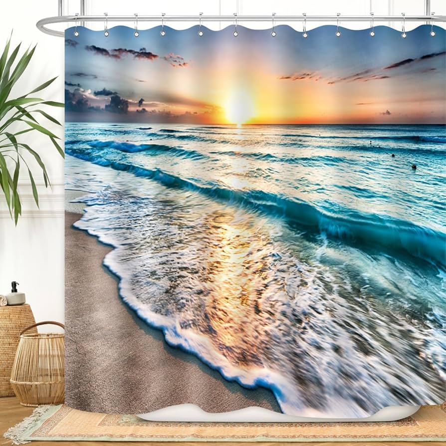 Zxmbf Ocean Shower Curtain Sand Beach Waves Sunrise Lanikai Theme Colorful Offshore Pacific Scenry Pattern Waterproof Fabric Bathroom Decor Set 72x72 Inch Plastic Hooks 12 Pcs Blue : Home & Kitchen
