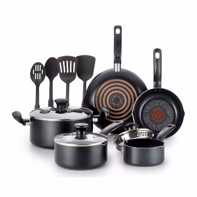 T-fal 12pc Simply Cook Nonstick Cookware Set Charcoal Black: Kitchen Pan & Pot Set, Tempered Glass Lids, Dishwasher-safe