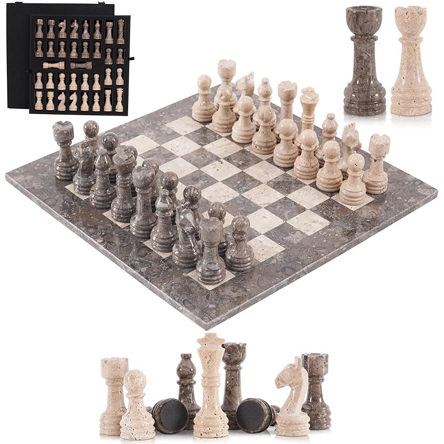 Speshstones Marble Chess Set 15 Inch Travertine And Oceanic Checkers Board Game With Pieces