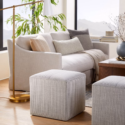Lynwood Square Upholstered Cube Ottoman Tan/navy Stripe - Threshold™ Designed With Studio Mcgee: Polyester, Plywood Frame, No Assembly Required