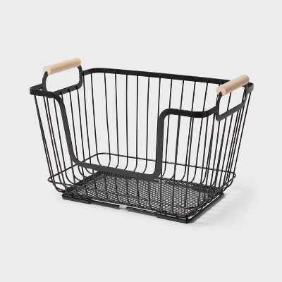 Metal Stackable Wire Pantry Basket With Rubber Wood Handle Black - Brightroom™: Kitchen Storage Organizer, 9"x13.5