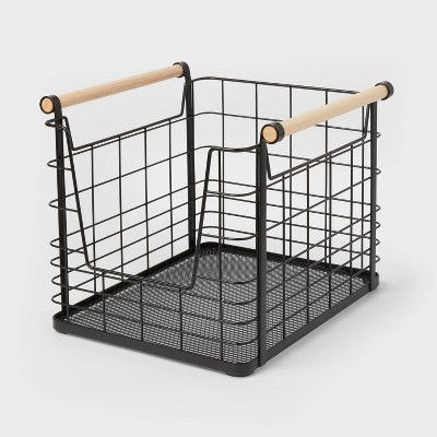 Wire Open Front Basket Black With Natural Wood Handles - Brightroom