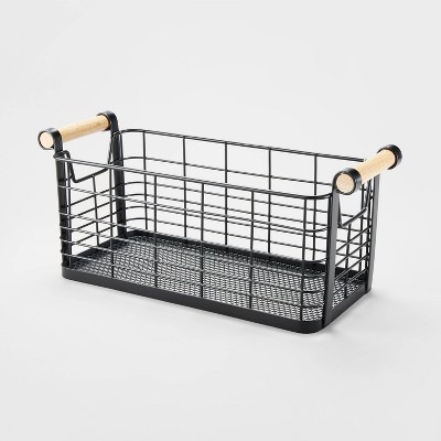 6.25 '' X 13.75" X 6" Small Rectangular Wire Natural Wood Handles Basket Black - Brightroom™: Metal Storage, Powder-coated