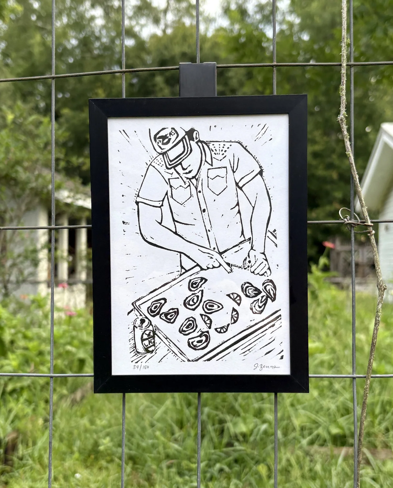 Eat Local Oysters Linocut Print – Handmade Oyster Shucker Art – Gulf Coast Kitchen Decor – 4x6 Block