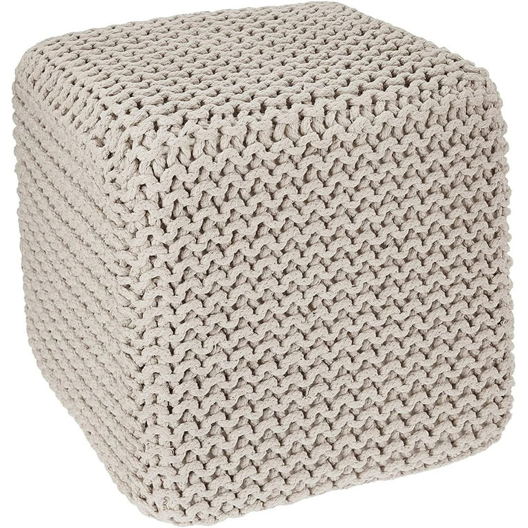 Redearth Square Pouf Ottoman Foot Stool - Hand Knitted Bean Bag - Cord Boho Pouffe - Accent Poof For Living Room - Nursery - Bedroom - Kids Bedroom - Patio - 100% Cotton (16" X 16" X 16") - Ivory : Home & Kitchen