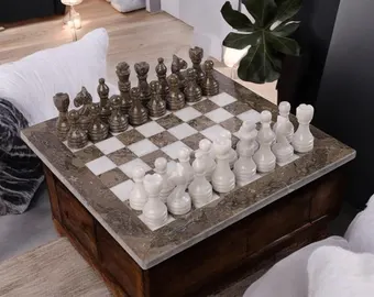 Marble Chess Set Handmade Oceanic Grey