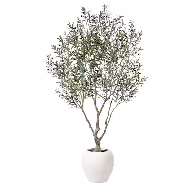 8 Ft. Artificial Olive Tree With White Tall Planter, Faux Olive Tree With Natural Trunk