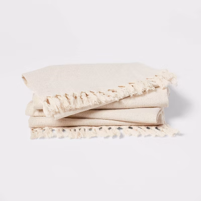 4pk Cotton Slub With Tassel Trim Tied Fringe Napkin Light Beige - Threshold™: Cloth & Linen Kitchen Textiles, Oeko-tex Certified