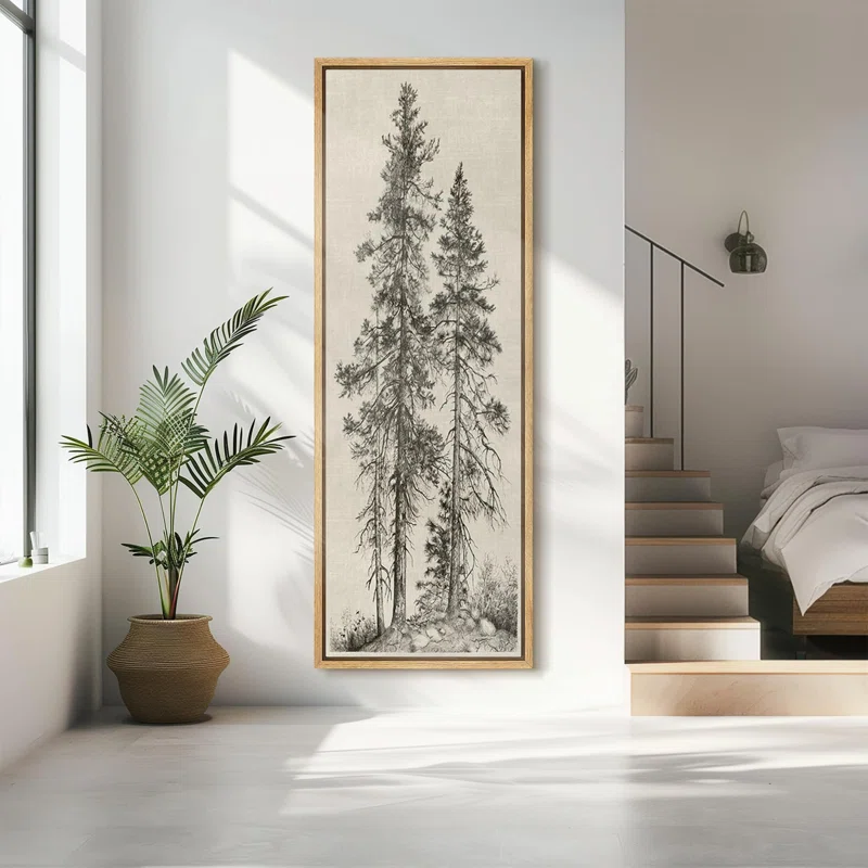 Wall26 Vintage Pine Tree Drawing Classic Country Rustic Artwork Extra Large Framed Wall Art Canvas Print