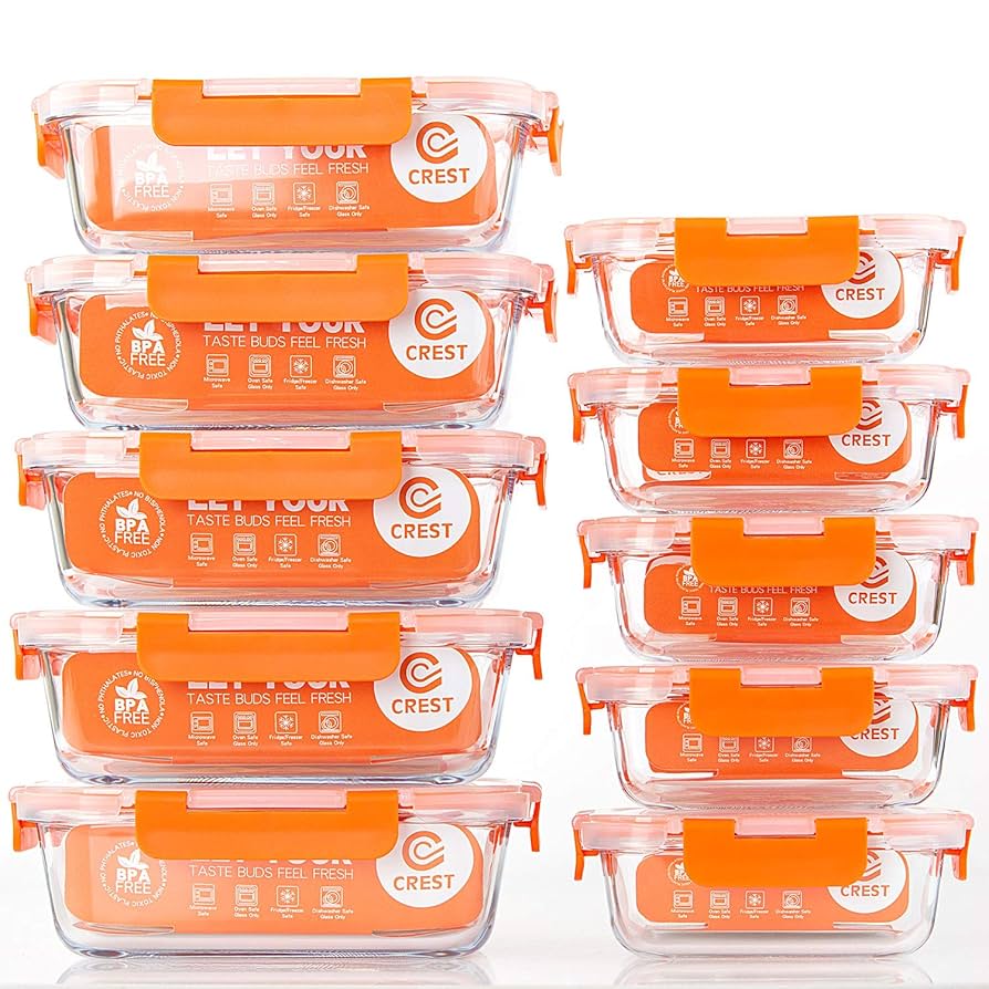 C Crest [10-pack] Glass Food Storage Containers - Food Prep Containers With Lids - Microwave