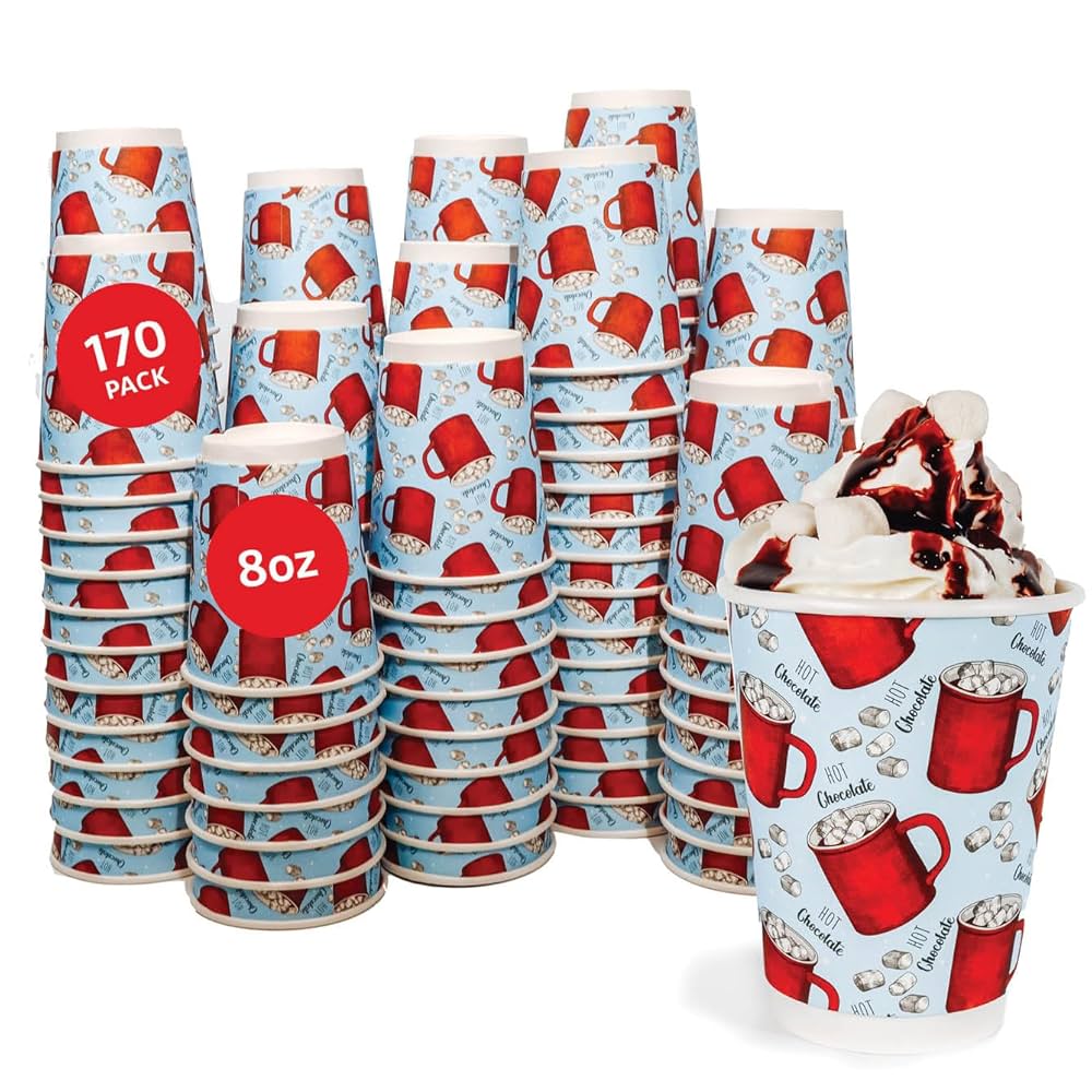 Upper Midland Products [170 Cups 8 Oz Disposable Hot Chocolate Cups - Double Wall Insulated Cups - Disposable Hot Cocoa Christmas Cups- Recyclable To Go Cups : Health & Household