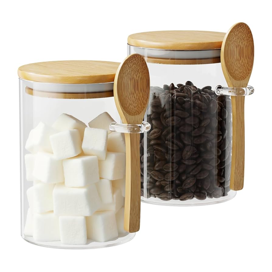 Glass Sugar Container With Spoon - 2 Pack 15oz Glass Jars With Bamboo Lid And Spoon