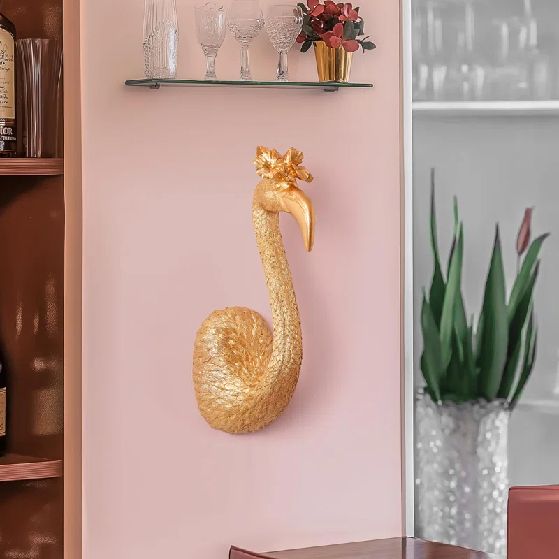 Tipsy Resin Gold Flamingo Bird Head Wall Decor - 14.75” x 4.75” x 6.75”