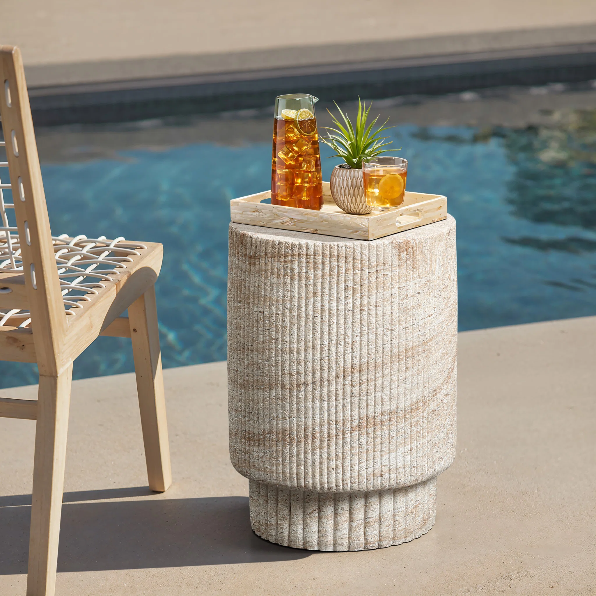 Travertine-Style Round Ribbed MgO Side Table