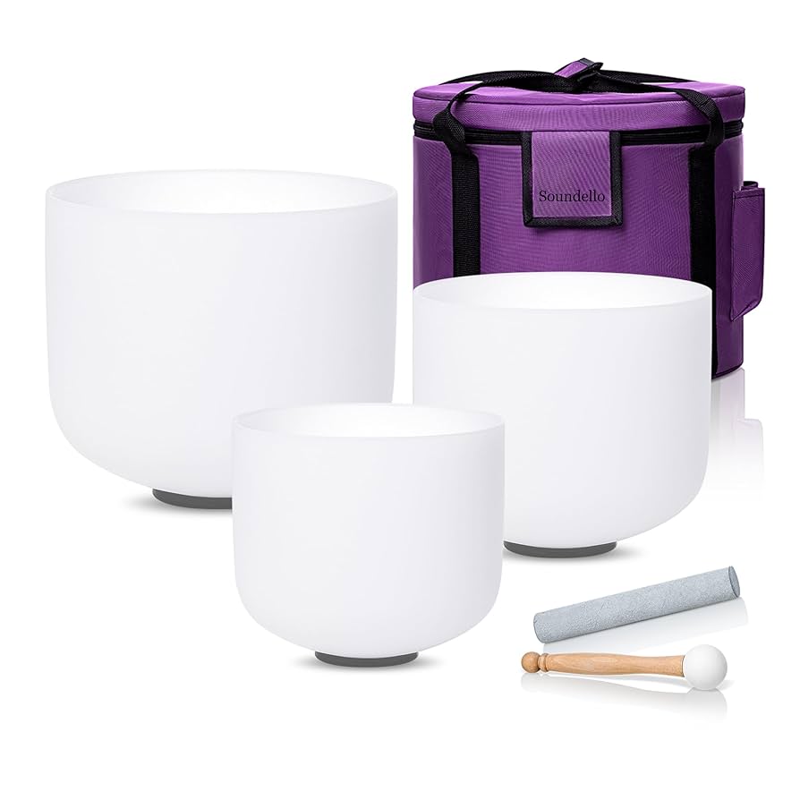 SOUNDELLO 6-10 inch 432hz Quartz Crystal Singing Bowls Set of 3 Pure White, for Healing Mindfulness Meditation Yoga Sound Baths with Case and Mallet Suede Striker