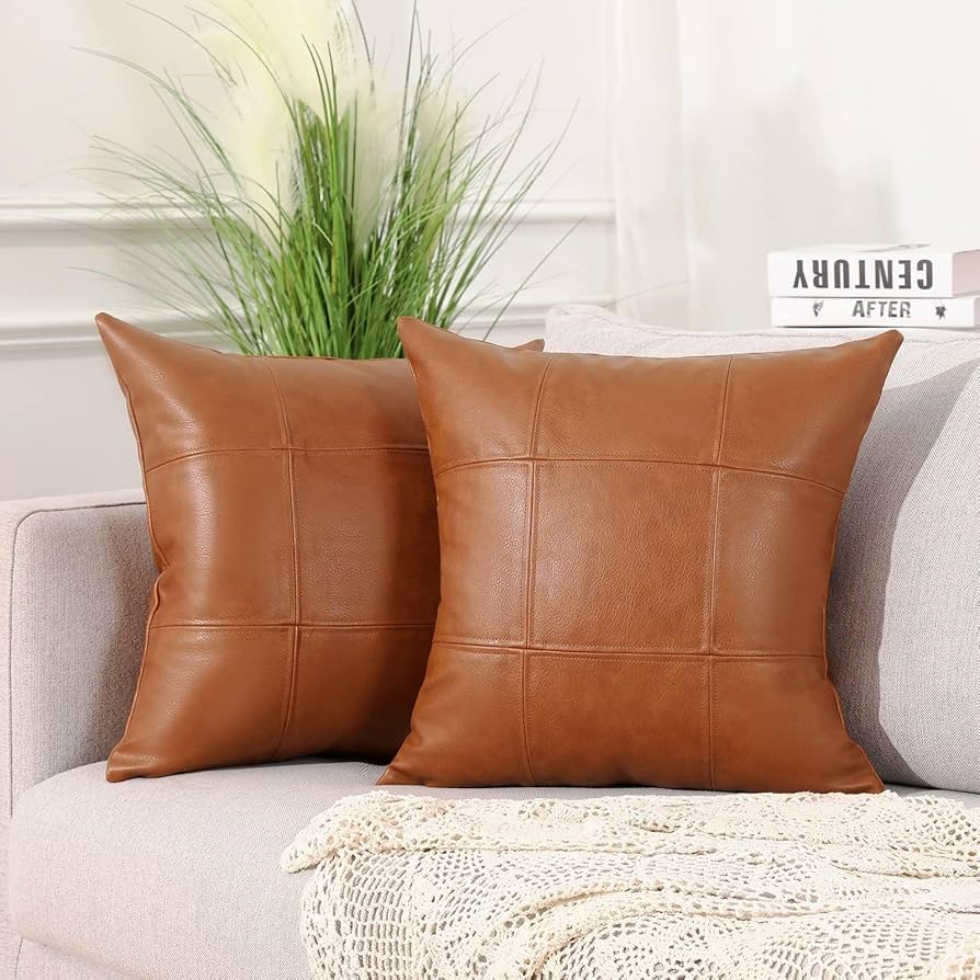 MANDIOO Set of 2 Faux Leather Decorative Throw Pillow Covers Modern Solid Outdoor Cushion Cases Luxury Pillowcases for Couch Sofa Bed 18x18 Inches Brown