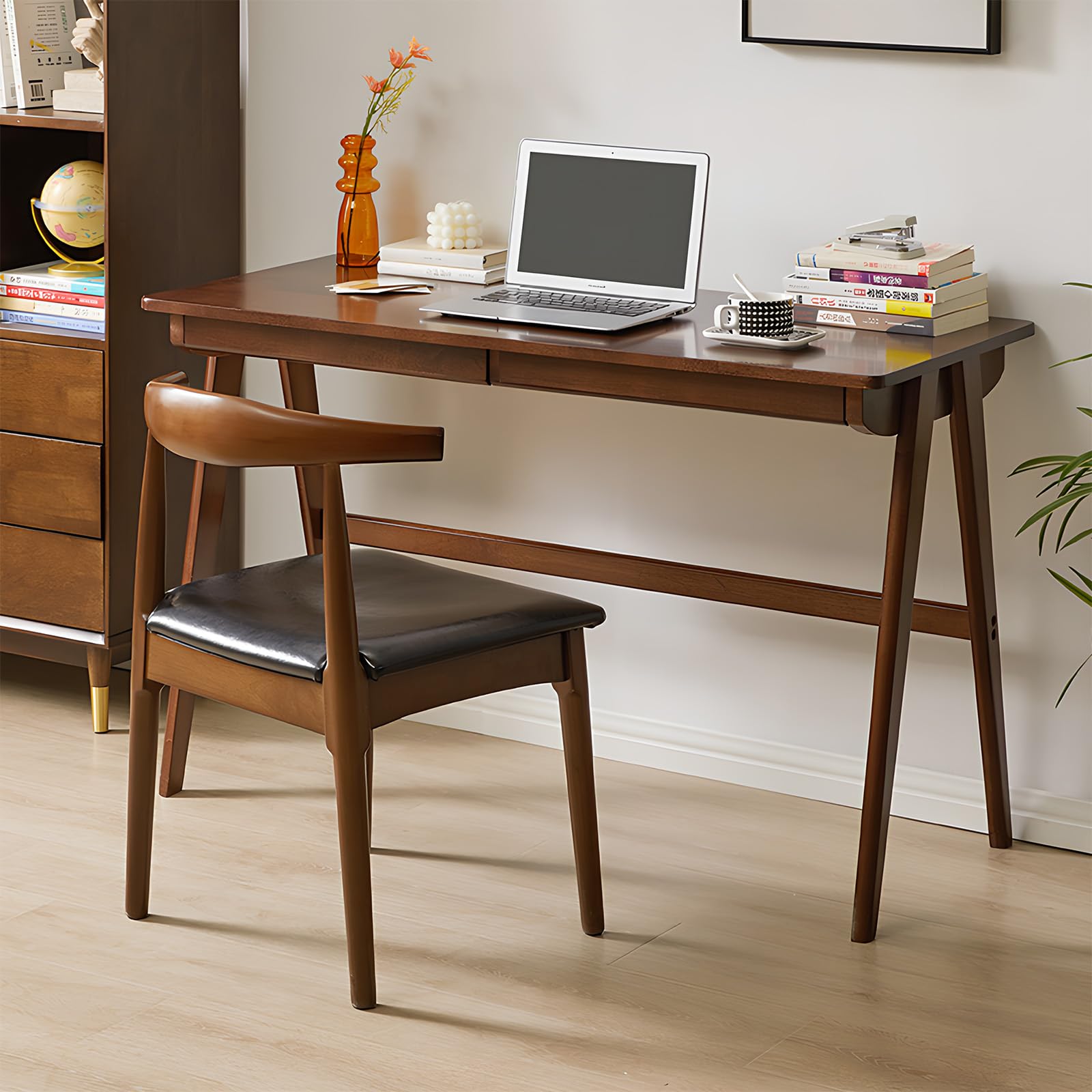 Solid Wood Writing Desk, 47" Mid-Century Modern Walnut Desk, Home Office Computer Desk with 2 Drawers and Storage Shelf, Laptop Desk, Study Table, Work Desk Station
