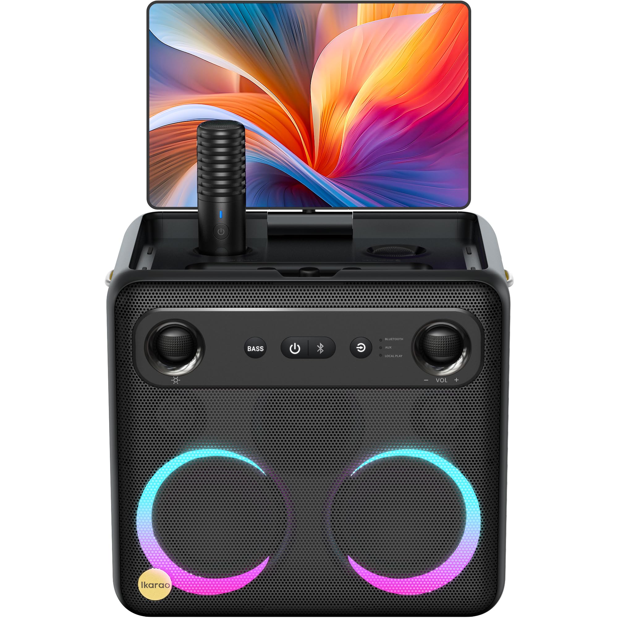 Ikarao Portable Karaoke Machine for Adults, Built-in Lyrics Display and Screen, 2 Self-Charging Wireless Microphones, Karaoke App, 140W Speaker, Connects to TV for Home Party Birthday Outdoor Camping