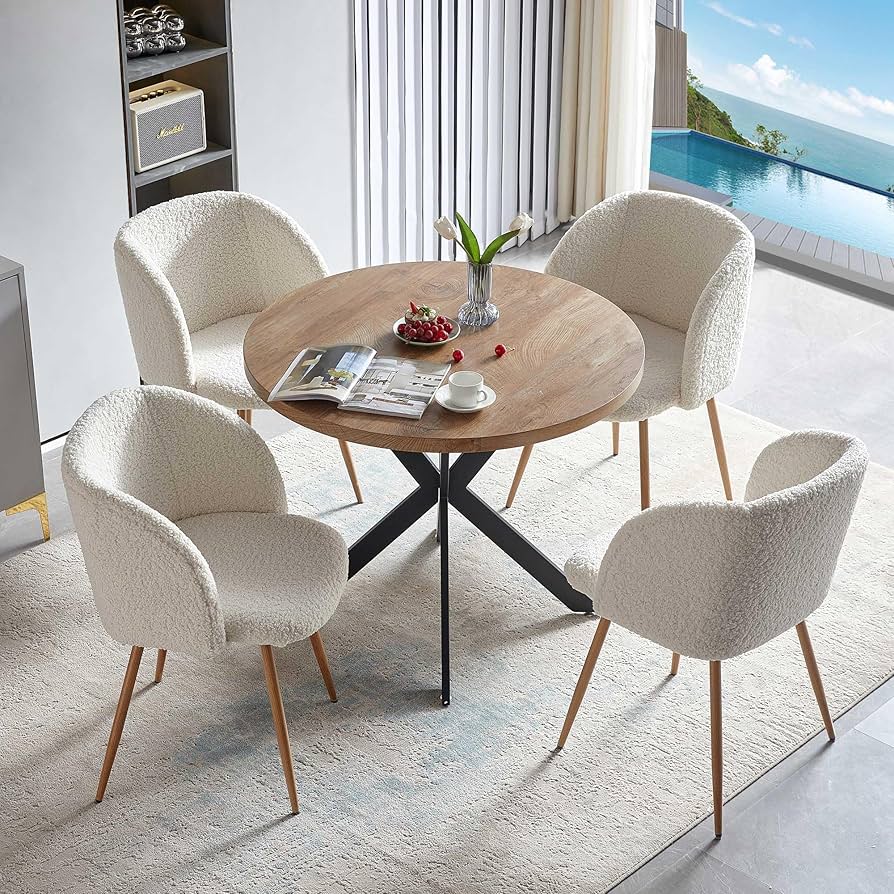 NORDICANA 5-Piece Round Dining Table Set for 4, Modern 47-Inch Kitchen Table and Chair Set, Dining Set with Dark Green Upholstered Armchairs, Manufactured Wood Top with White Marble Effect Finish