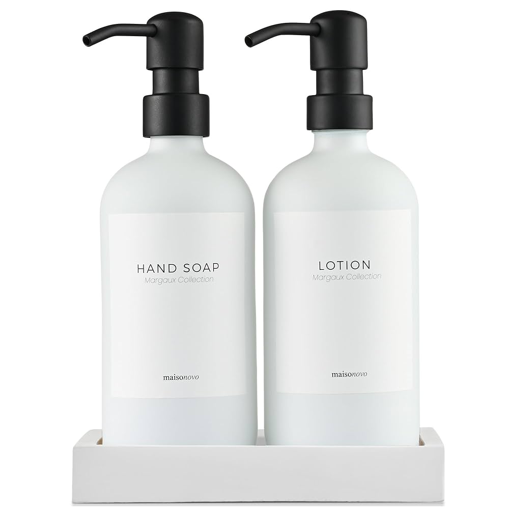 MaisoNovo Soap Dispenser 3-Piece Set | 16.9oz White Bottles with Black Stainless Steel Pumps