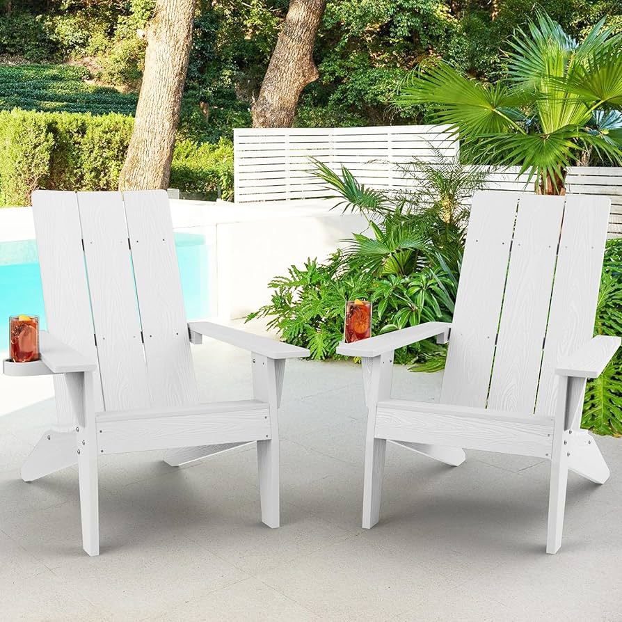 MXIMU Modern Adirondack Chairs Set of 6 Weather Resistant with Cup Holder Oversize Plastic Fire Pit Chairs Plastic Outdoor Chairs for Firepit Area Seating (White)