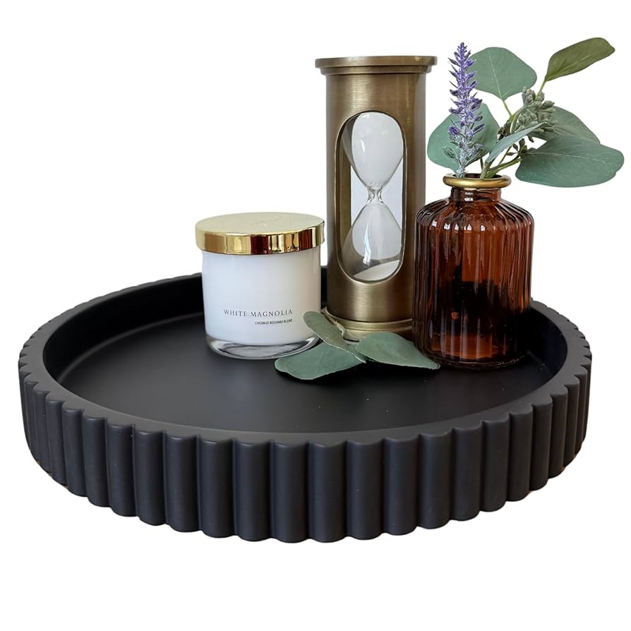 OAKOA Concrete Black Tray for Coffee Table - Round Black Decorative Tray for Table Decor - Bandejas Decorativas para La Sala - Coffee Table Centerpiece